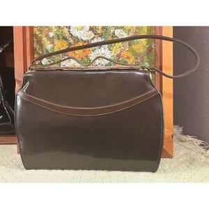 Vintage Dark Brown Patent Leather Handbag Structured Top Handle Frame Clasp